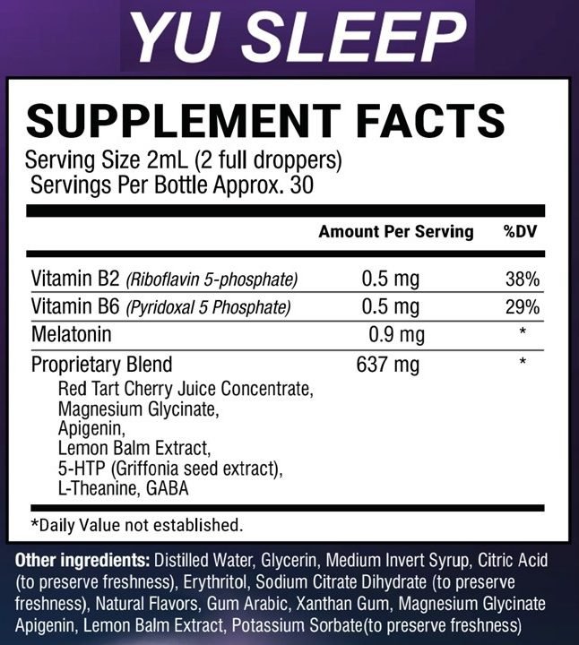 Yu Sleep Supplement Facts label showing full ingredient amounts